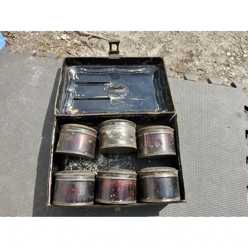ANTIQUE TIN SPICE CANISTER‎ SET in BOX travel
